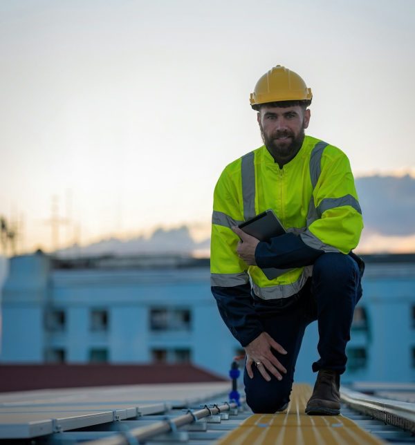 Engineer service check installation solar cell on the roof of factory.